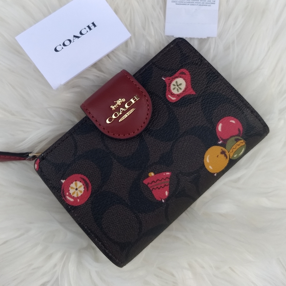 Coach Signature Christmas Ornament Print Medium Corner Zip Wallet